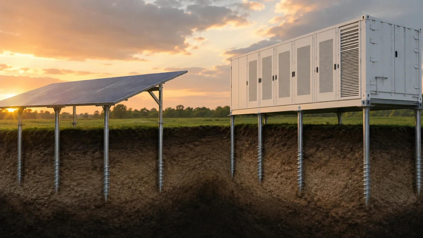 BESS system and solar panels on steel screw foundations